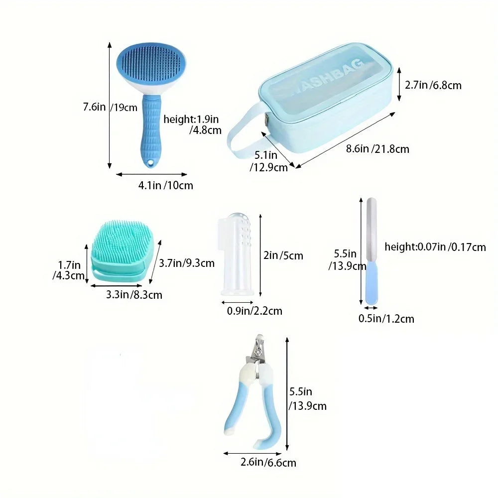 9 darabos kisállat-kozmetikai készlet, tartalmaz szőrtelenítő kefét, bolhairtó kefét, fürdőkefét, körömvágót és fogkefét, valamint tárolótáskát